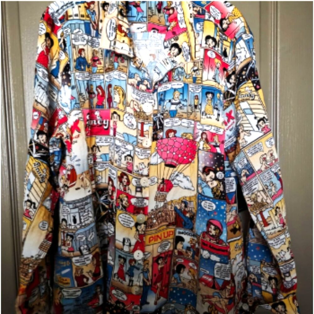 John Mark Comic Strip Button Down Top Pockets Back Zipper Arm Buttons NWT